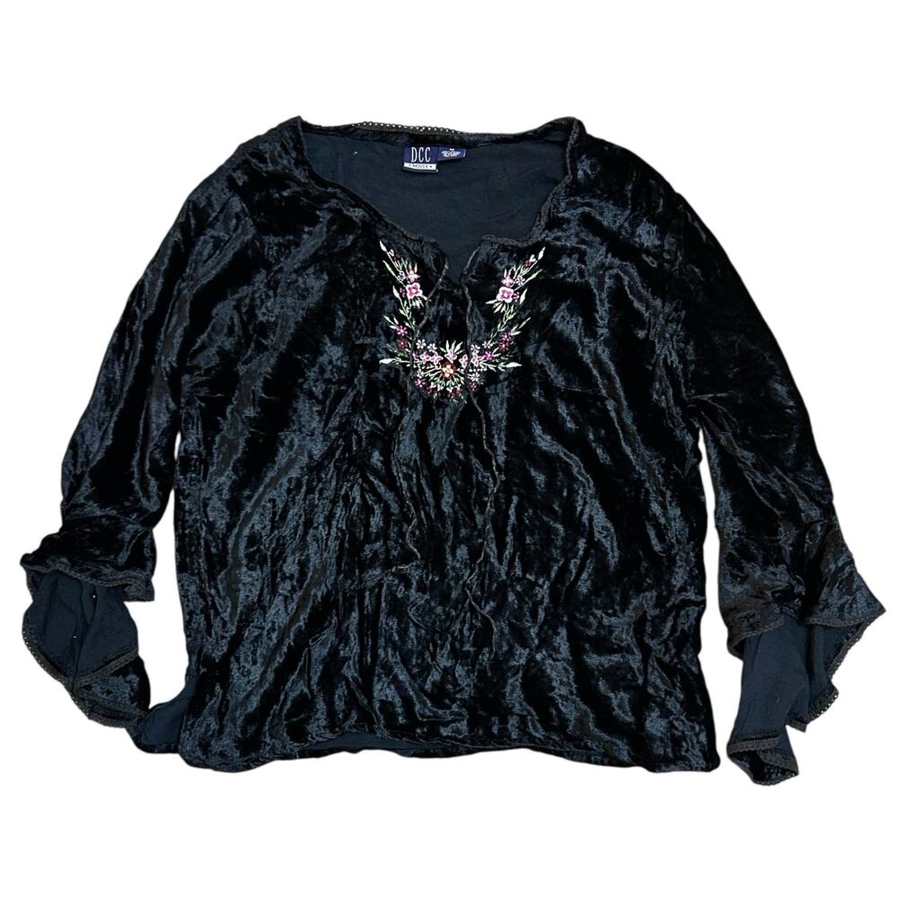 Y2K Black Velvet 3/4 Bell Sleeve Top Womens Medium Floral Whimsigoth Indie Poet